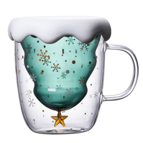 Factory sales Christmas double glass cartoon double glass with lid glass coffee cup cute pattern