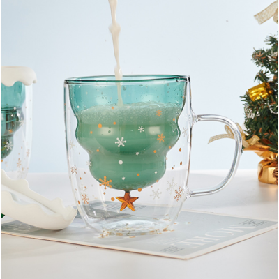 Factory sales Christmas double glass cartoon double glass with lid glass coffee cup cute pattern