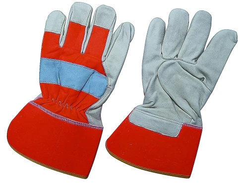 Cow Grain Leather Fluorescent Cloth Knuckle Strap Fully Lined Labor Work Gloves