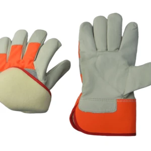 Cow Grain Leather Fluorescent Cloth Knuckle Strap Fully Lined Labor Work Gloves