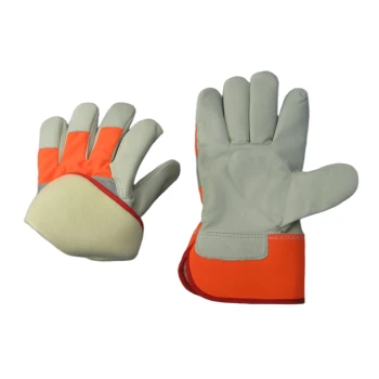 Cow Grain Leather Fluorescent Cloth Knuckle Strap Fully Lined Labor Work Gloves