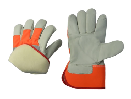 Guantes de trabajo con correa para los nudillos y piel de vacuno con tejido fluorescente y forro completo