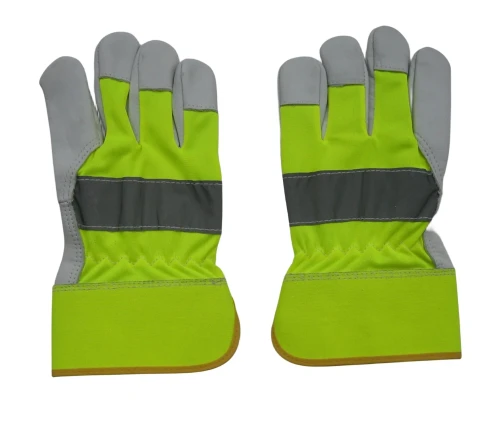 Cow Grain Leather Fluorescent Cloth Knuckle Strap Fully Lined Labor Work Gloves