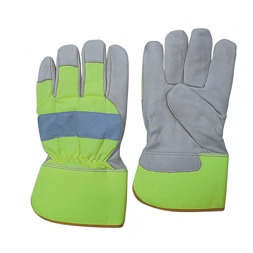 Cow Grain Leather Fluorescent Cloth Knuckle Strap Fully Lined Labor Work Gloves