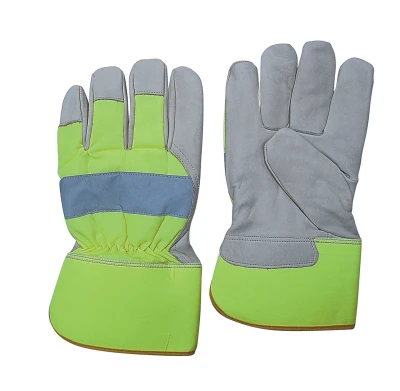 Guantes de trabajo con correa para los nudillos y piel de vacuno con tejido fluorescente y forro completo