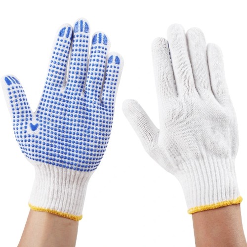 Guantes de trabajo cálidos al por mayor, guantes de nailon y PVC con lunares, guantes de seguridad personal de algodón blanco tejido