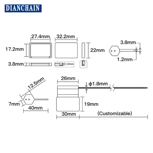 Etiqueta RFID UHF con sello de alambre hermético de 30*19 mm, chip R6P, resistente a altas temperaturas, impermeable, FPC, etiqueta de sello de plomo electrónico desechable