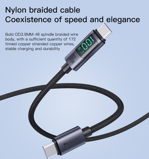 CA158 1.2Meter 100W LED Indicator Nylon braided Cable | Type-C To Type-C Fast Charge Data Cable