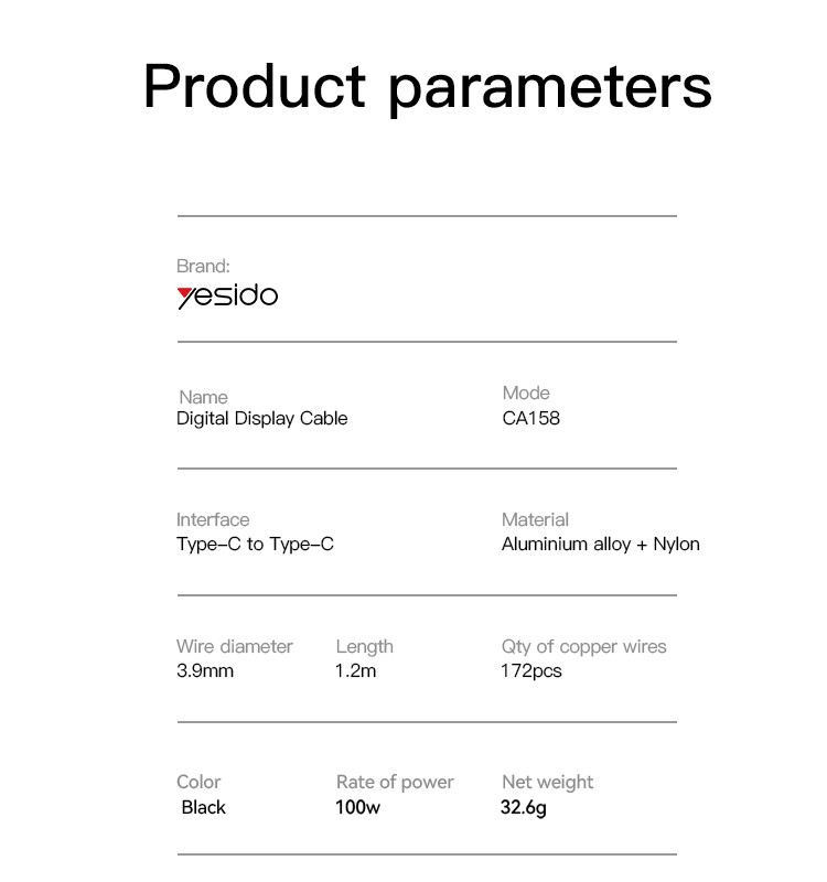 CA158 100W Type-C to Type-C Cable Parameter