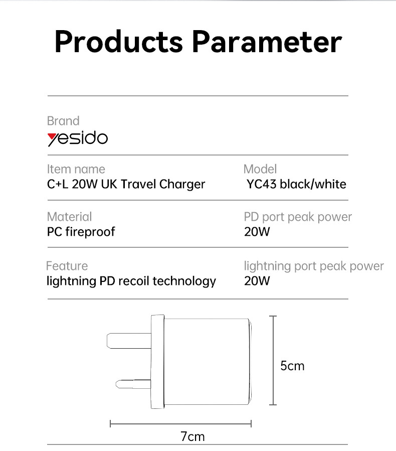 YC43 20W Wall Charger Adapter Parameter