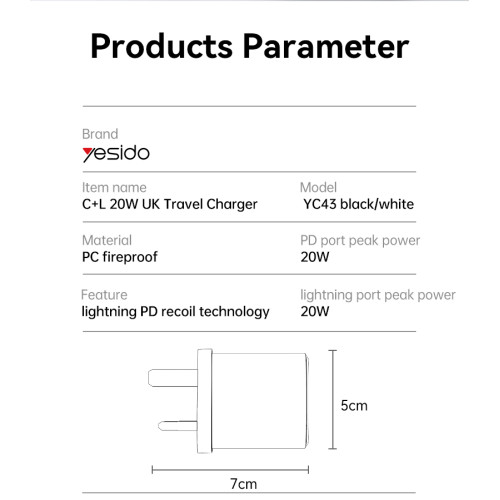 YC43 20W Fast Charging Home Charger | Type-C and Lightning Port Charger Adapter