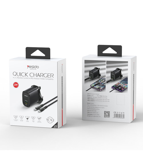 YC43 20W Fast Charging Home Charger | Type-C and Lightning Port Charger Adapter