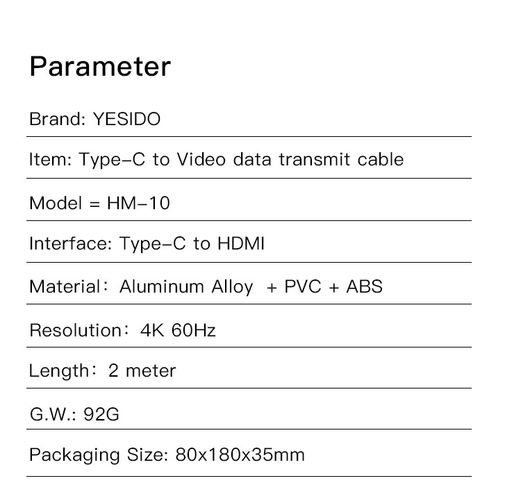 HM10 Type-C to HDMI Video Cable Parameter