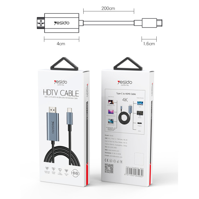 Yesido HM10 New Arrivals 4K 60Hz HD USB Type C to HDMI HD Video Cable Adapter