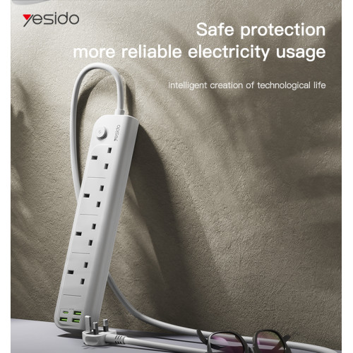 Yesido MC21 2 meters length Type C 15W USB Charging Ports UK Standard Power Socket 4 AC Outlets