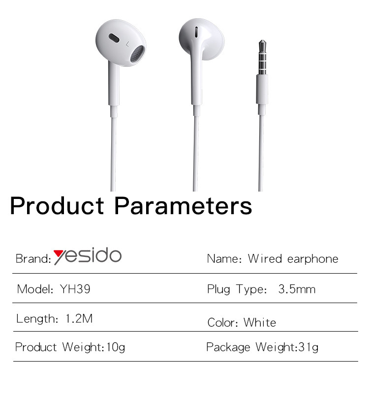 YESIDO YH39 3.5mm Aux Wired Earphone Parameter