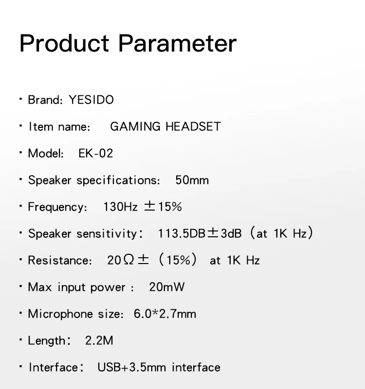 YESIDO EK02 Professional Gaming Headset Parameter