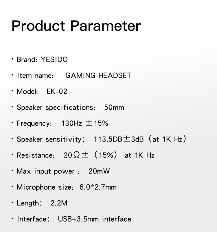 YESIDO EK02 Professional Gaming Headset Parameter