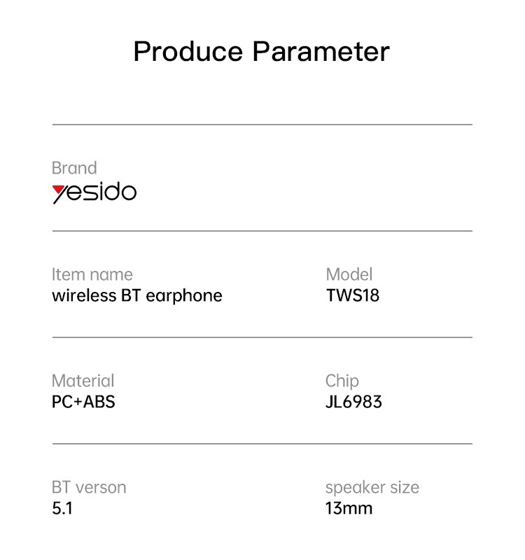YESIDO TWS18 True Wireless Earphone Parameter