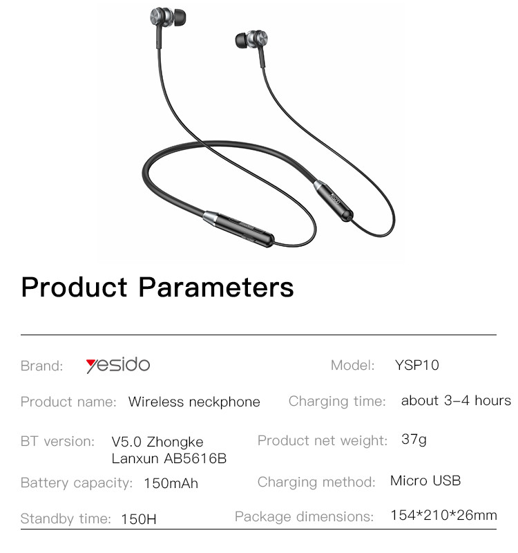 YESIDO YSP10 For Sports Neckband Wireless Earphone Parameters