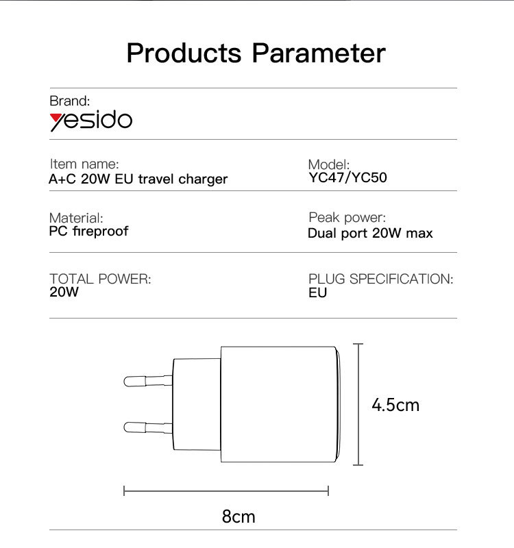 YC50 20W Wall Charger Adapter Parameter