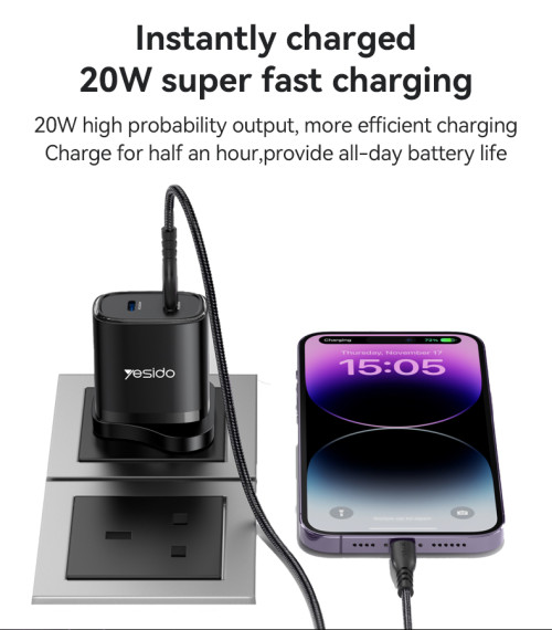 YC53 20W PD Fast Charging Home Charger | Type-C and Type-C and Lightning Port Charger Adapter