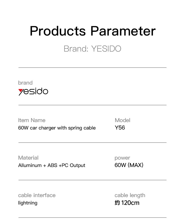 Y56 60W Car Charger Adapter Parameter