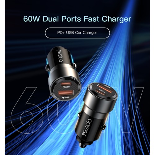 Y55 60W Fast Charging Car Charger | With TC to TC cable car cigarette lighting port charger adapter