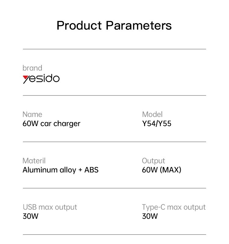 Y55 60W Car Charger Adapter Parameter