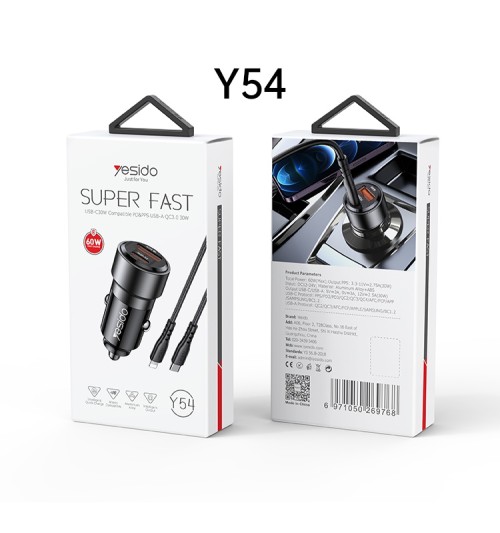 Y54 60W Fast Charging Car Charger  | With TC to IP cable car cigarette lighting port charger adapter