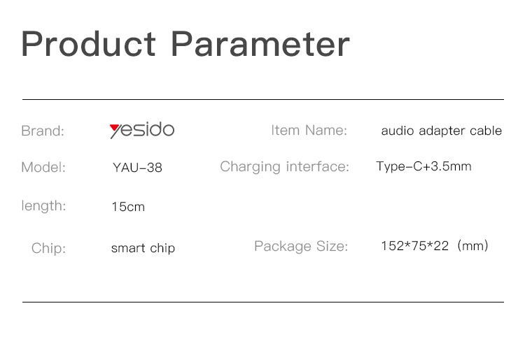 YAU38 Type-C Plug Audio Cable Parameter