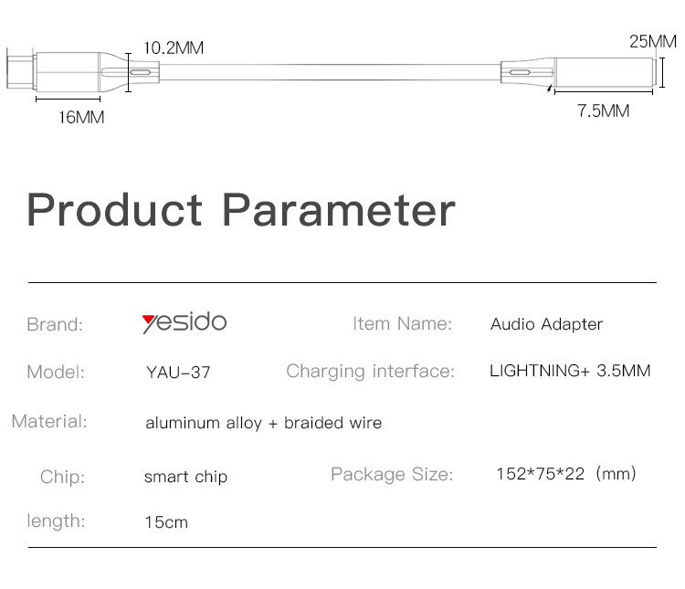 YAU37 Lightning Plug Audio Cable Parameter