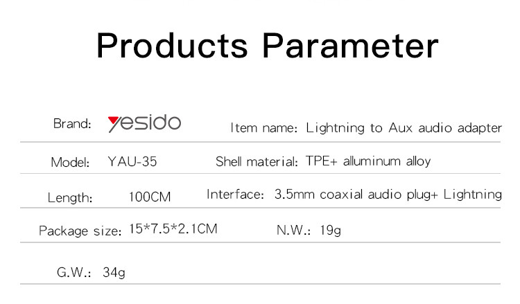 YAU35 Lightning To 3.5MM Plug Audio Cable Parameter
