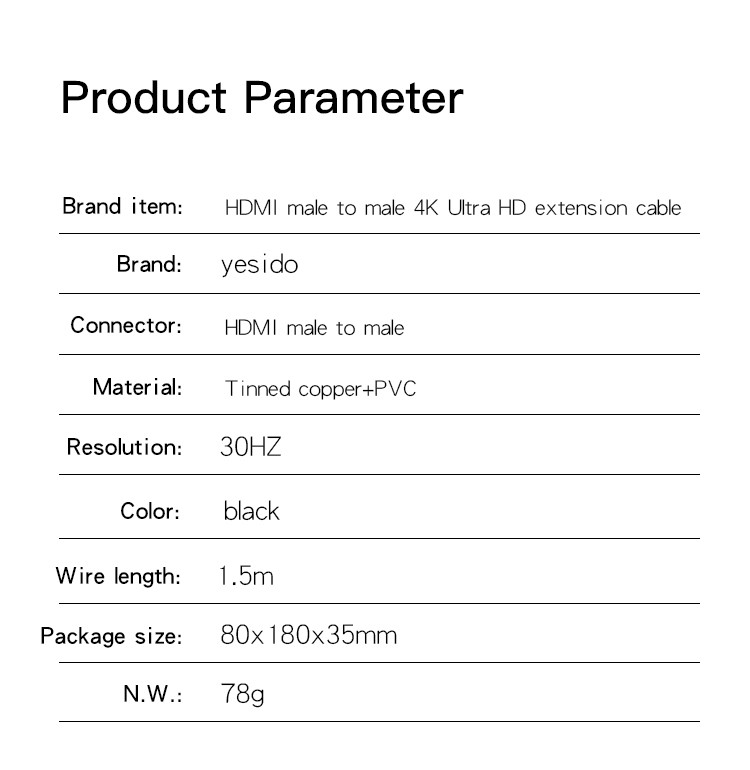 HM09 HDMI to HDMI Video Cable Parameter