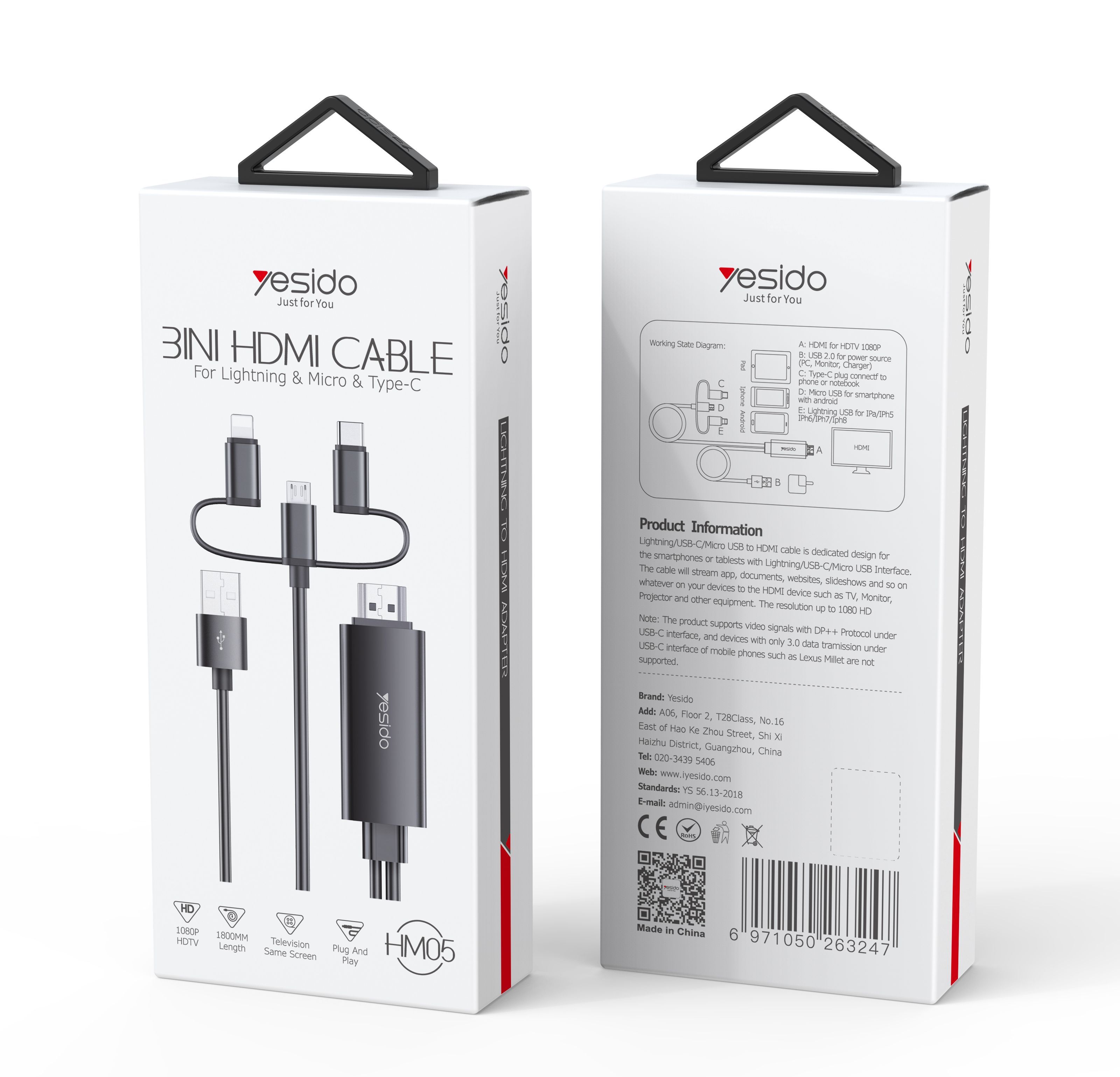 HM05 Lightning + Micro + Type-C to HDMI Cable Packaging