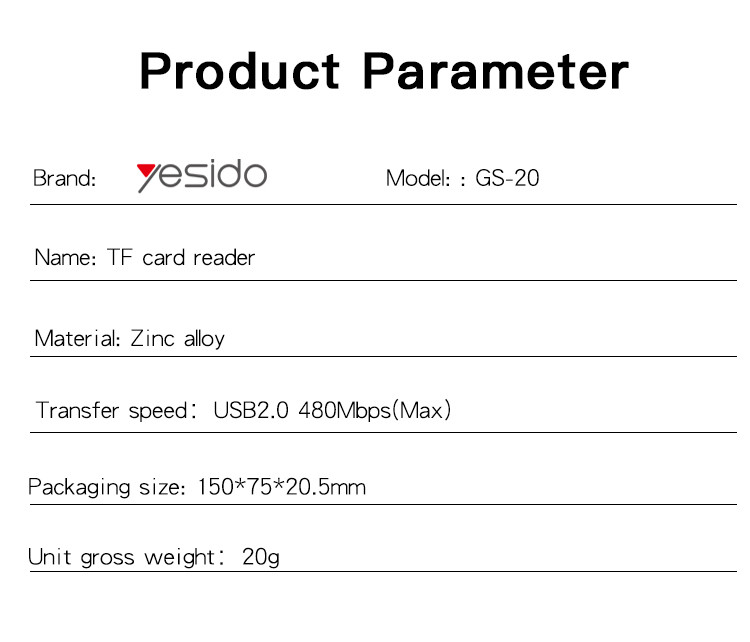 GS20 USB to TF rfid card OTG Adapter Parameter