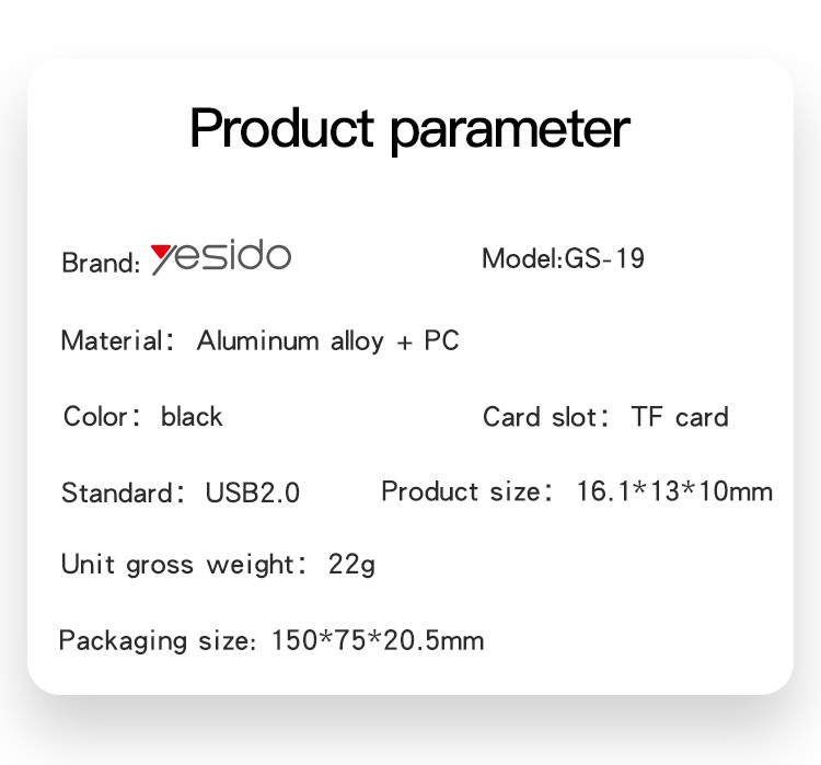 GS20 USB to TF rfid card OTG Adapter Parameter