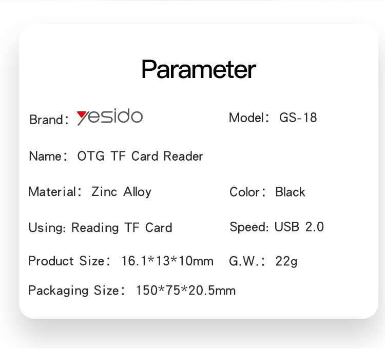 GS18 Lightning to TF card readers Parameter