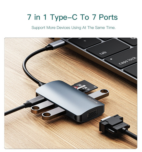 HB16 7 in 1 Type-C to USB External Hub | Docking Station with USB 3.0 PD 100W For Laptop