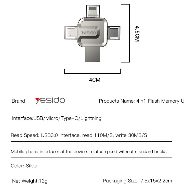 FL15 4 in 1 USB/Micro/Type-C/Lightning Flash Disk Parameter
