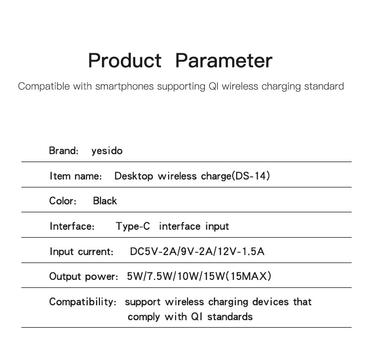 DS14 Mobile Phone Wireless Charging Dock Parameter