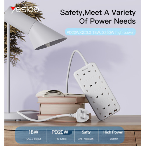 MC16 2 Meter MAx 3250W capacity 8 AC ports Power Socket with PD and QC fast charging USB ports