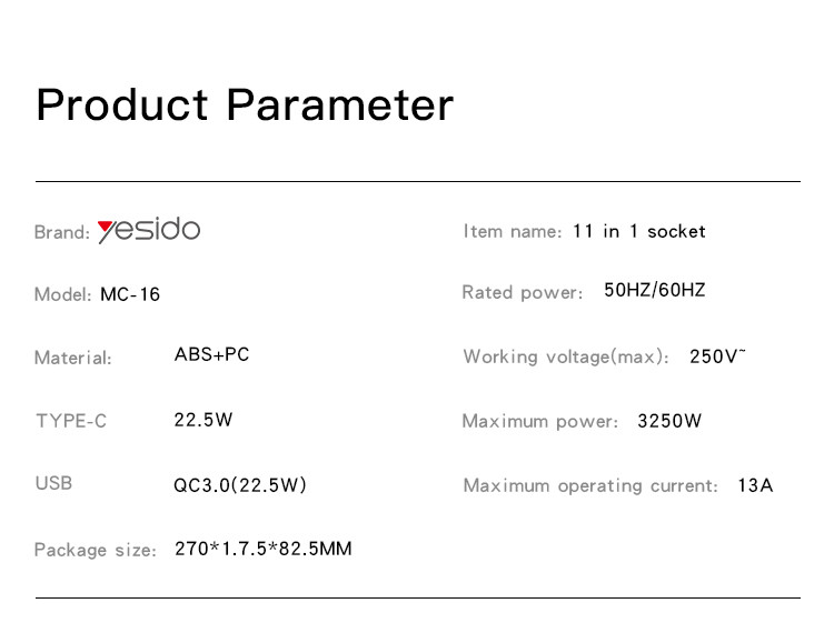 MC16 3250W Power Socket Parameter