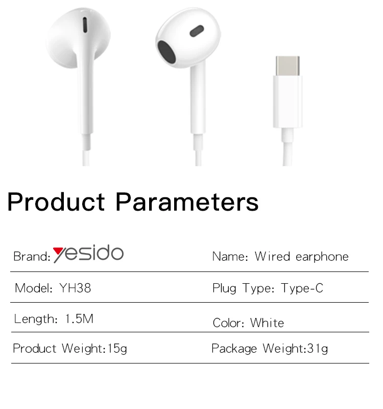 YH38 Type-C plug Wired Earphone Parameter