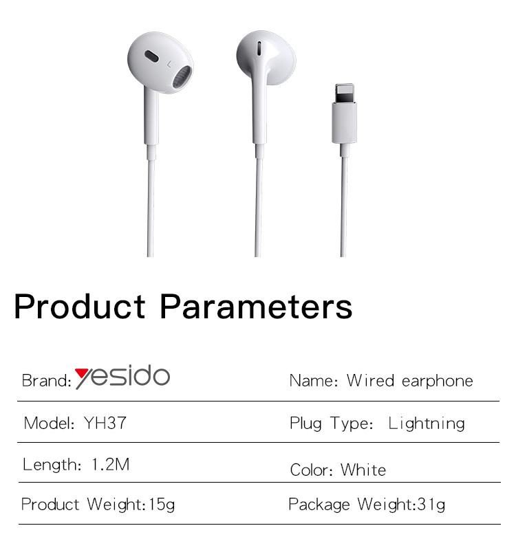 YH37 Lightning plug Wired Earphone Parameter