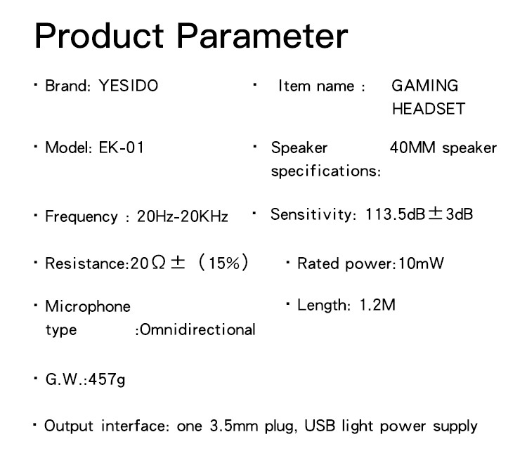 EK01 Professional Gaming Headset Parameter
