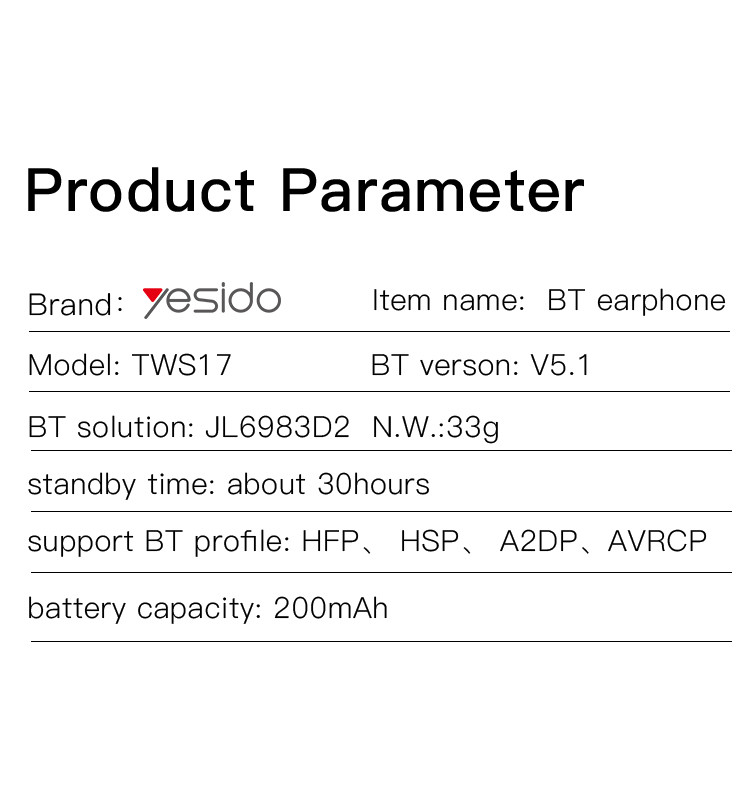 TWS17 True Wireless Earphone Parameter