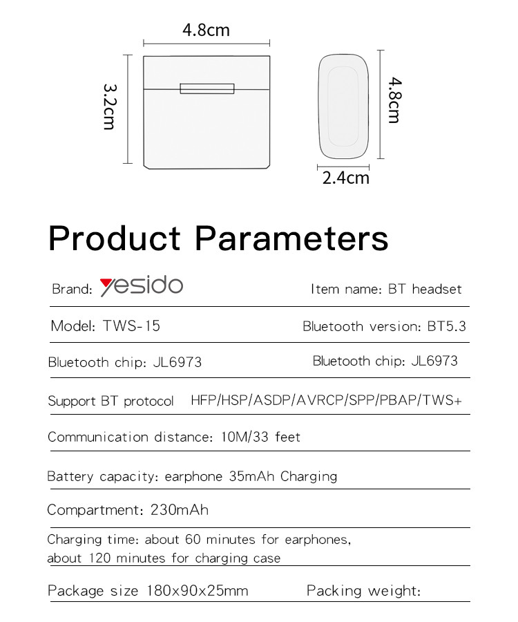 TWS15 True Wireless Earphone Parameter