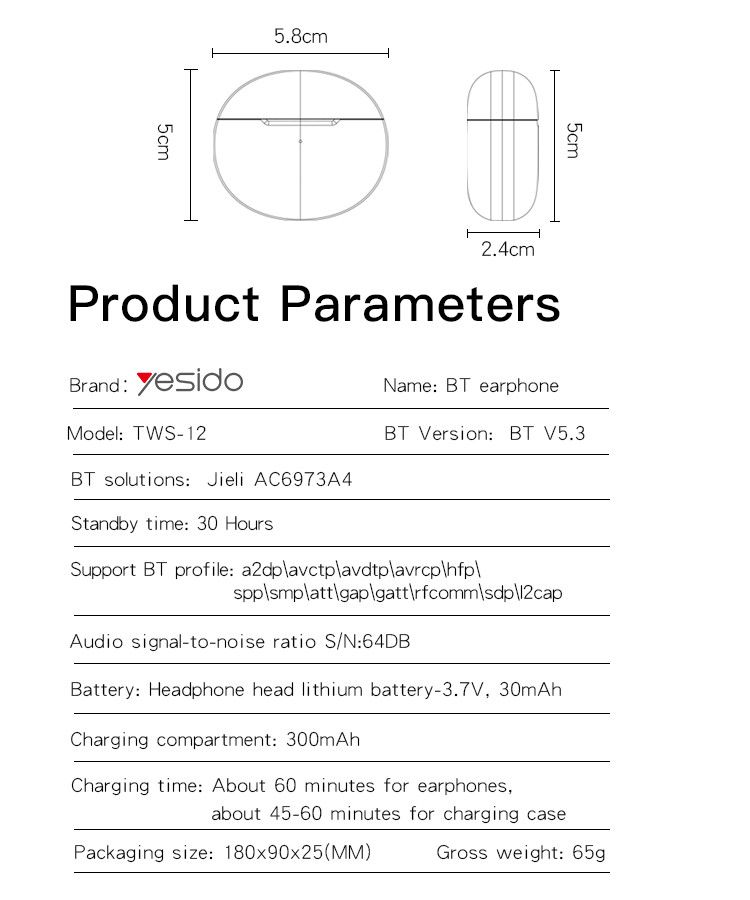 TWS12 True Wireless Earphone Parameter