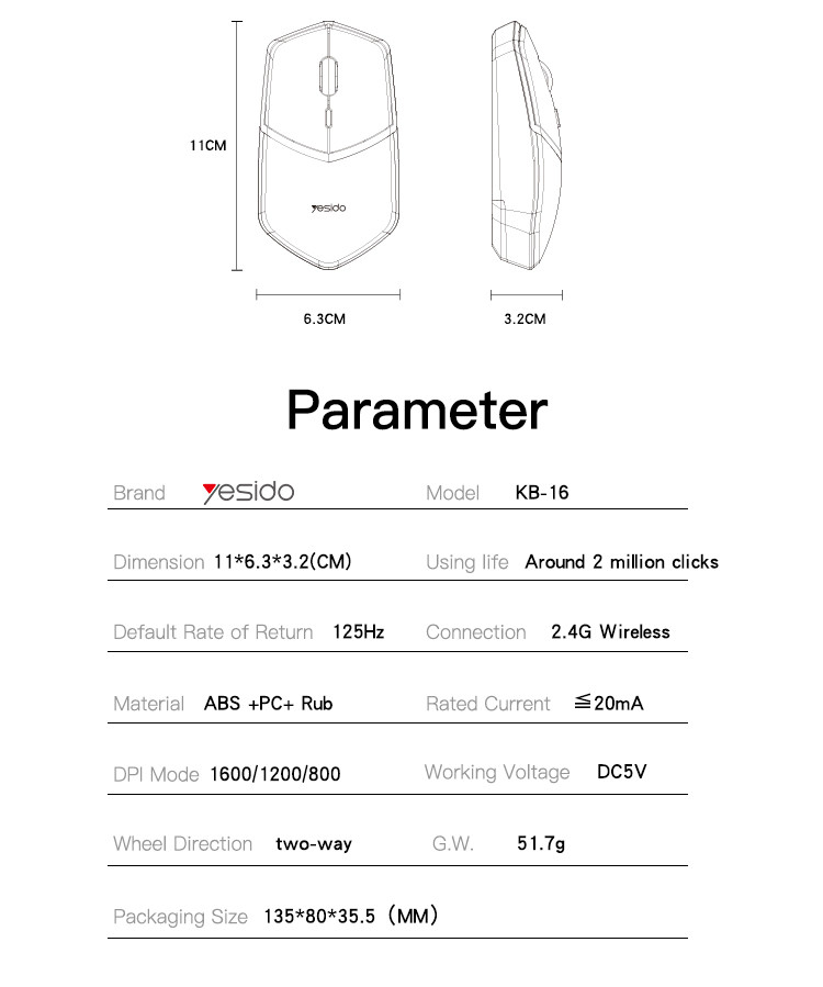 Yesido KB16 Wireless Mouse Parameter